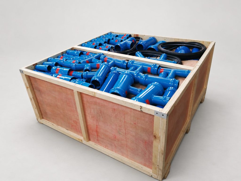 Blue Baoshuo fittings inside an open wooden packing crate